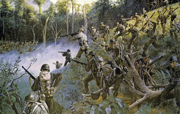 Картинка острова, бой, солдаты, экипировка, японские, винтовки, автоматы, WW2