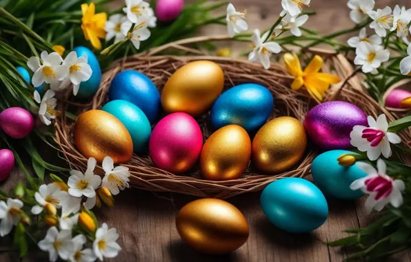 Цветы, яйца, весна, colorful, Пасха, happy, flowers, spring