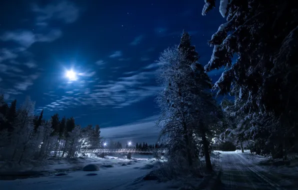 Картинка зима, дорога, деревья, ночь, мост, река, луна, Швеция