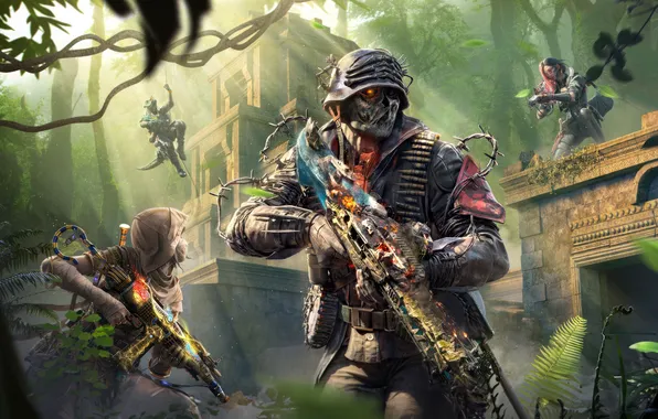 Battlefield, skull, girl, gun, pistol, forest, call of duty, soldier