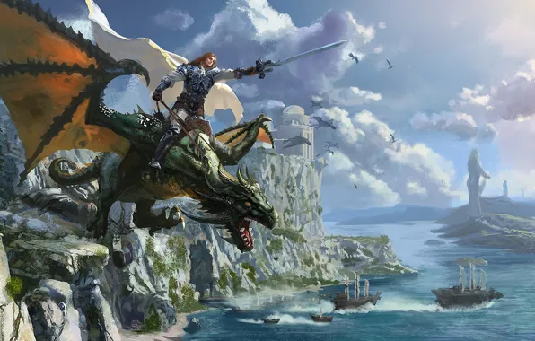 Картинка море, замок, скалы, дракон, корабли, меч, воин, арт