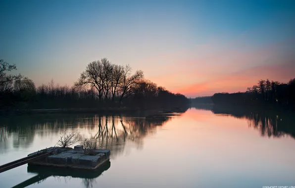 Небо, облака, деревья, закат, река