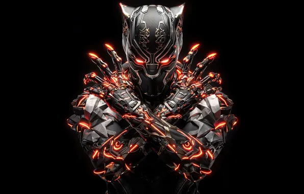 Картинка Steampunk, Black Panther, Futuristic, Black background, AI art