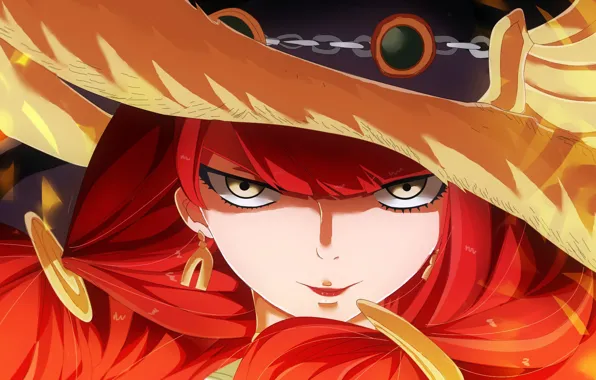Wallpaper, fire, flame, game, red hair, hat, anime, pretty