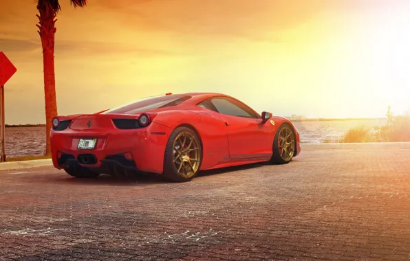 Картинка Ferrari, Red, 458, Sun, Sunset, Italia, Sea, Supercar