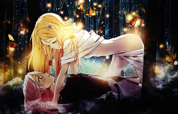 Лес, бабочки, ночь, огоньки, розовые волосы, Inori Yuzuriha, Guilty crown, Корона грешника