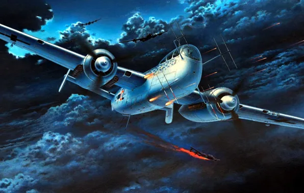 Ночь, рисунок, арт, охотник, люфтваффе, Heinkel, Uhu, двухмоторный поршневой ночной истребитель