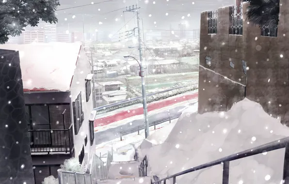 Картинка зима, дорога, снег, город, япония, дома, лестница, Japan winter