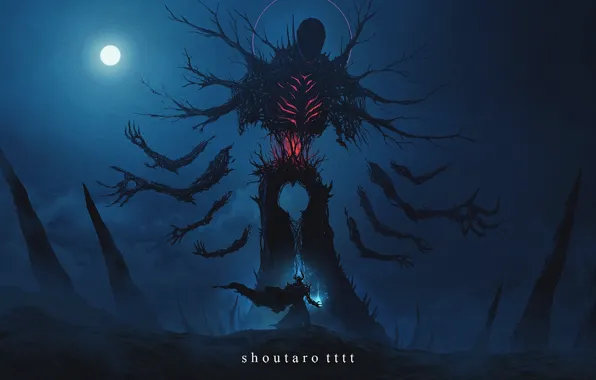 Ночь, магия, луна, демон, фэнтези, рыцарь, shoutaro tttt