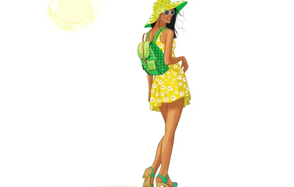 Лето, девушка, солнце, стиль, спина, вектор, шляпа, платье