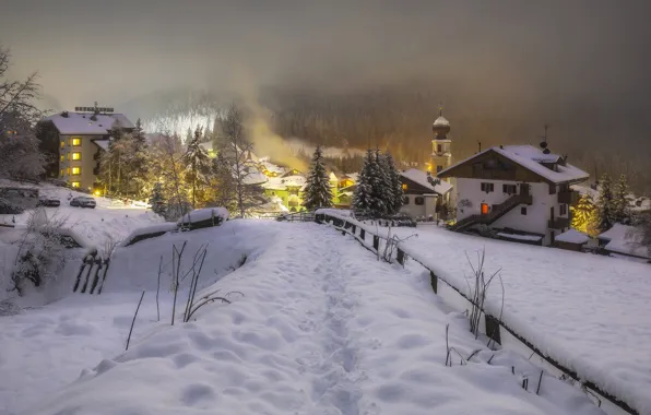 Картинка зима, снег, деревья, пейзаж, природа, туман, улица, дома