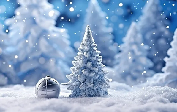 Картинка зима, снег, украшения, шары, елка, Новый Год, Рождество, new year