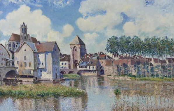 Мост, река, дома, картина, городской пейзаж, Alfred Sisley, Альфред Сислей, Морэ-сюр-Луэн