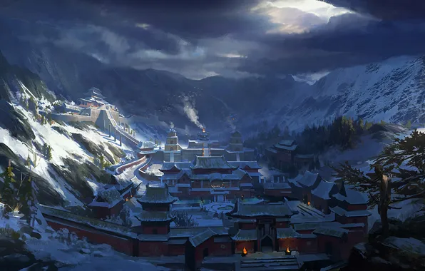 Картинка холод, снег, горы, город, арт, Lara Croft