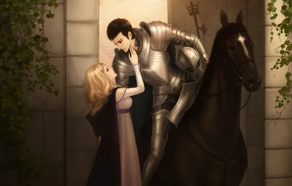 Лошадь, Девушка, доспехи, мужчина, влюбленные, рыцарь, двое