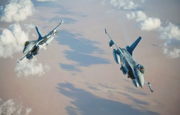 Небо, Облака, истребитель, Полет, Пара, F-16, Fighting Falcon, General Dynamics