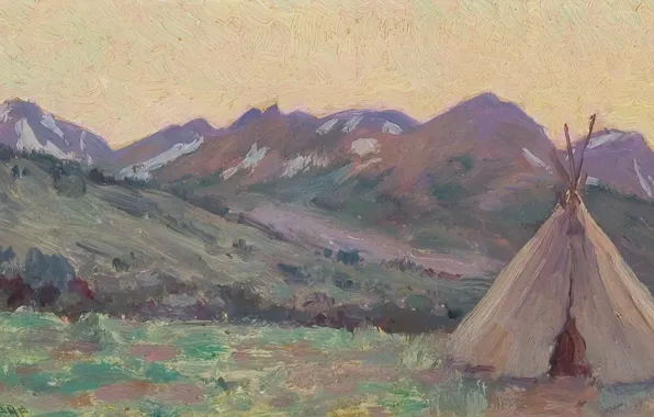 Картинка горы, хижина, жилище, Montana, Joseph Henry Sharp, Blackfeet Reservation