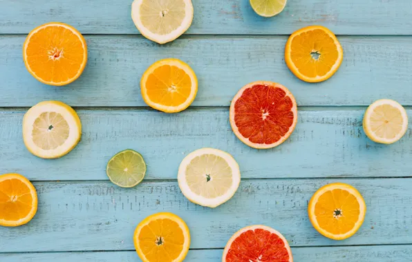 Картинка лимон, апельсин, lemon, фрукты, wood, ломтики, грейпфрут, fruit