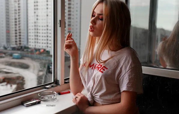 Girl, long hair, photo, photographer, model, window, lips, cigarette