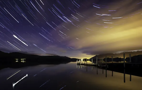 Картинка пейзаж, ночь, мост, озеро, звёзды