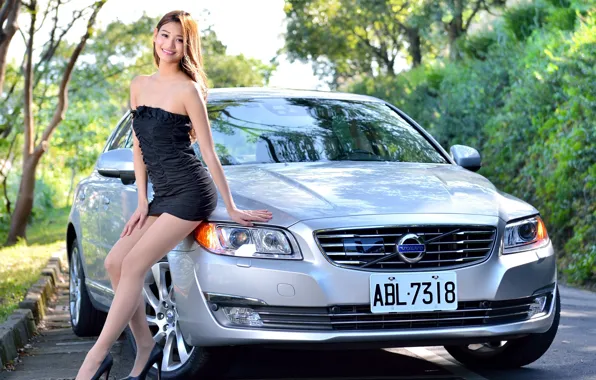 Авто, взгляд, улыбка, Девушки, азиатка, красивая девушка, VOLVO, красивое платье
