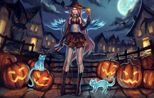 Картинка девушка, коты, тыквы, halloween, хеллуин, вельма