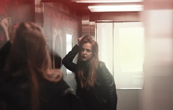 Девушка, поза, модель, зеркало, лифт, girl, model, mirror