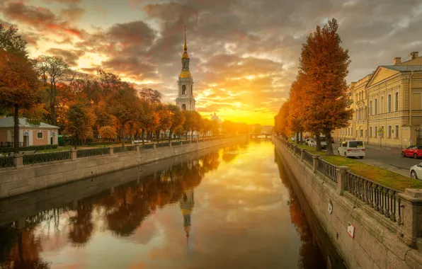 Картинка осень, солнце, рассвет, церковь, канал, Санк-Петербург, Гордеев Эдуард
