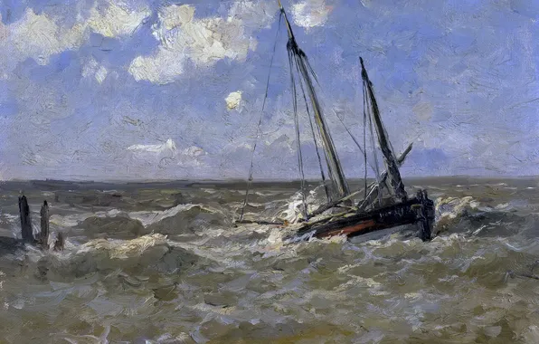 Корабль, картина, морской пейзаж, Карлос де Хаэс, Море в Нормандии
