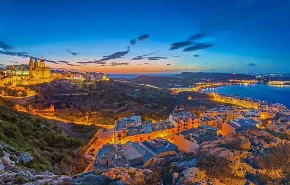 Море, пейзаж, огни, дома, панорама, Мальта, Меллиеха