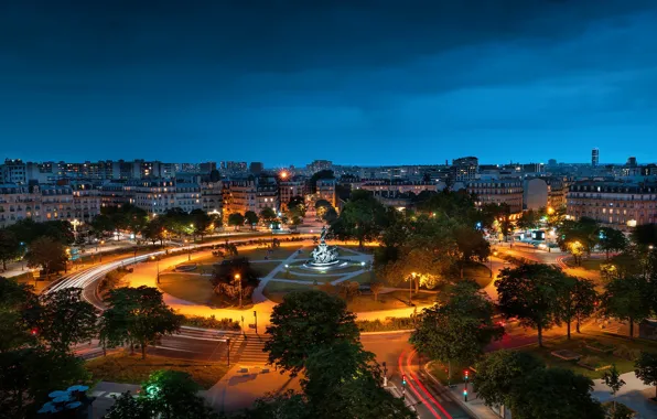 Дорога, деревья, огни, Франция, Париж, дома, вечер, площадь