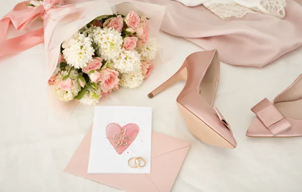 Картинка стиль, букет, Pink, платье, туфли, Rings, свадьба, Romantic