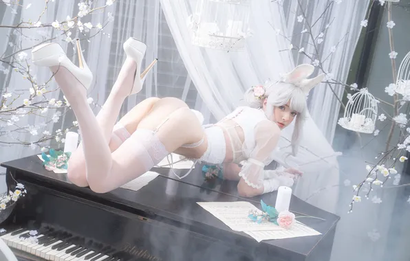 Ass, piano, cosplay, white lingerie, high heels, bunny ears, small boobs, bent over