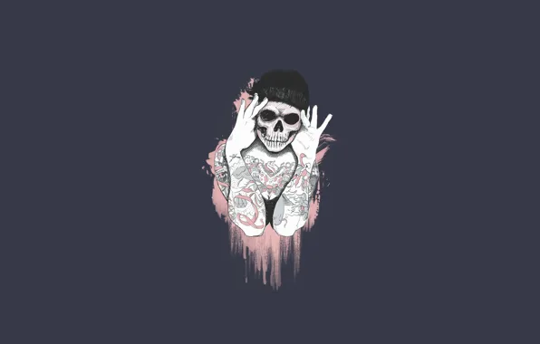 Девушка, Минимализм, Череп, Стиль, Girl, Фон, Тату, Арт