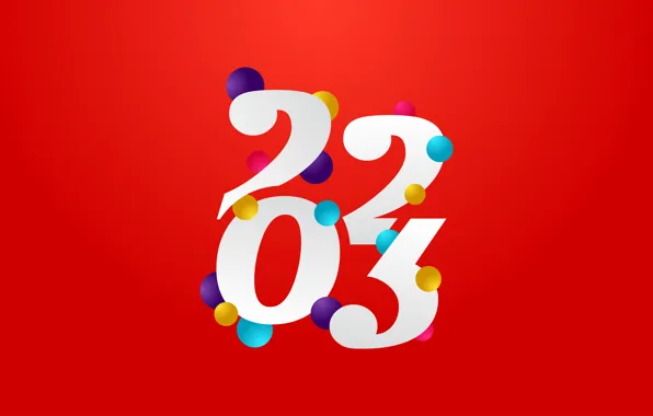 Шарики, цифры, Новый год, белые, разноцветные, красный фон, дата, 2023