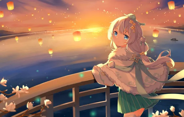 Закат, мост, фонарики, Honkai Impact 3rd, Theresa Apocalypse