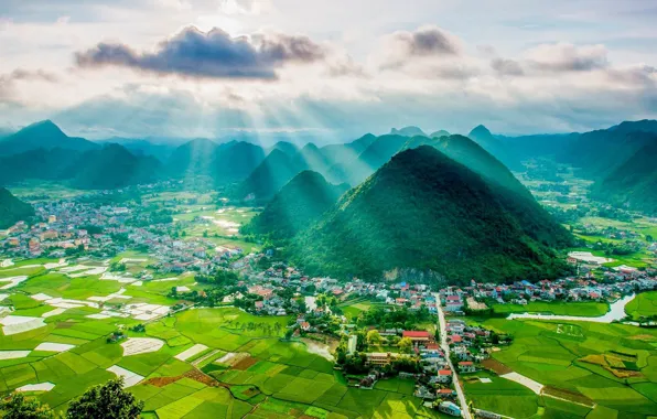 Горы, город, поля, долина, Вьетнам, Vietnam, Aerial view of Bắc Sơn valley, Lạng Sơn