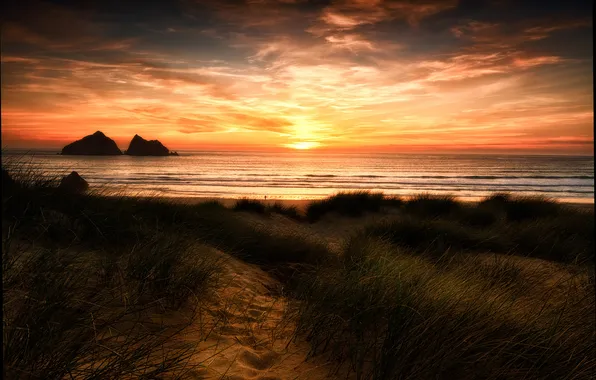 Картинка песок, пляж, облака, закат, Англия, дюны, Корнуолл