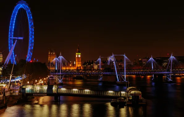 Картинка ночь, мост, огни, парк, река, Лондон, фонари, Великобритания