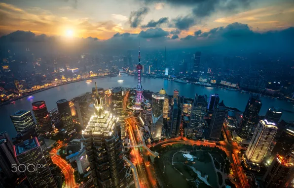 Солнце, город, панорама, Китай, Шанхай