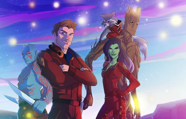 Картинка art, Rocket, Peter Quill, Star-Lord, Gamora, Groot, Drax, guardians of the galaxy
