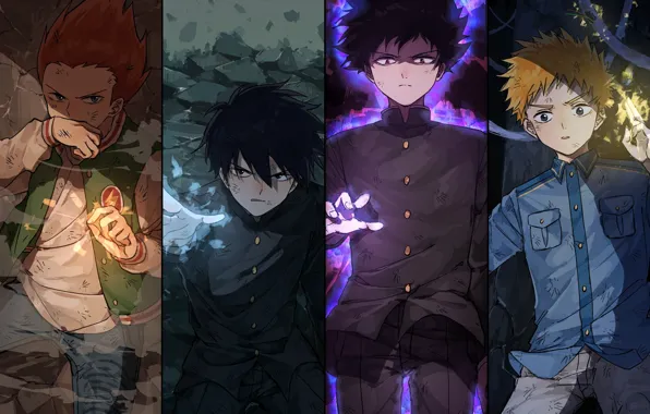 Коллаж, парни, персонажи, Mob Psycho 100, Моб психо 100