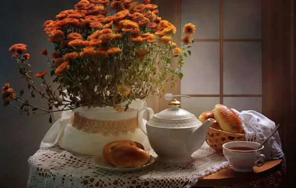 Картинка цветы, стол, фон, чай, дверь, ложка, чашка, натюрморт