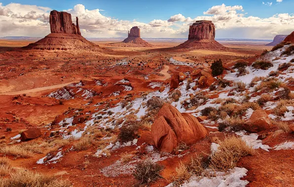 Небо, облака, снег, скалы, пустыня, Аризона, США, Долина Монументов