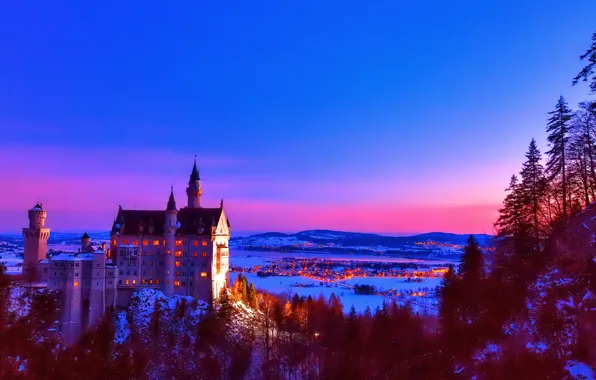 Картинка небо, деревья, горы, замок, Германия, Бавария, Neuschwanstein