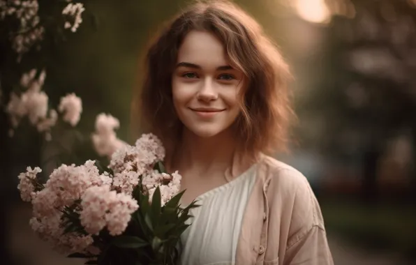 Взгляд, девушка, цветы, природа, лицо, улыбка, портрет, букет