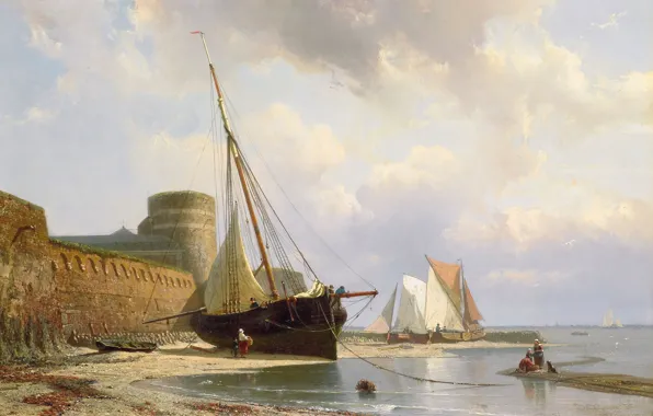 Море, пейзаж, берег, лодка, картина, парус, Johan Conrad Greive, Бомбоустойчивые Казармы Флиссингена