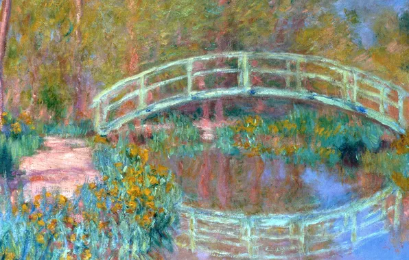 Картинка пейзаж, пруд, отражение, картина, Клод Моне, Японский Мостик