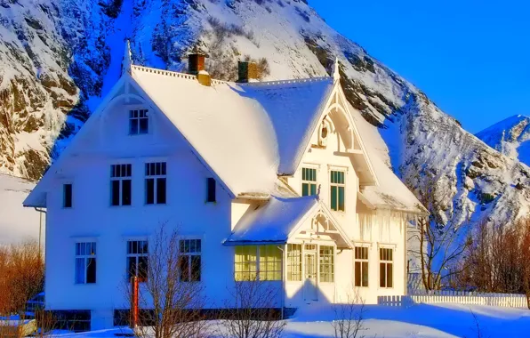 Картинка зима, небо, снег, горы, дома