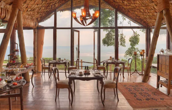 Интерьер, ресторан, отель, Танзания, dining area, коттедж на роскошном сафари, Ngorongoro crater, lodge on a …